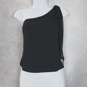 Vntg Y2K Express One Shoulder Top Womens Small Black Chiffon Drape Sleeve